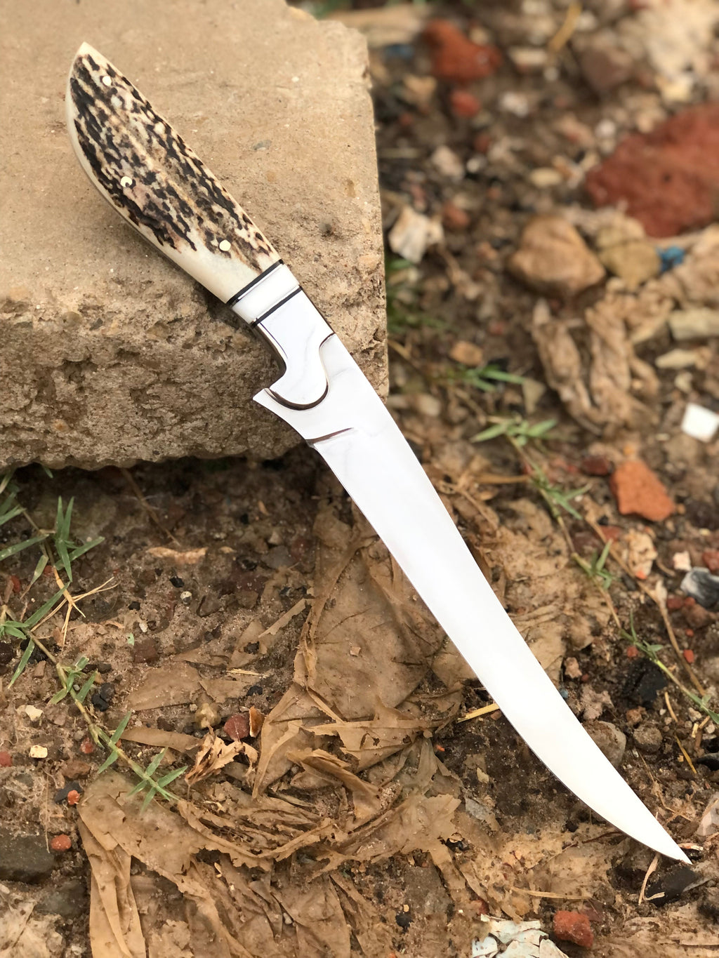 Best Custom Handmade D2 Steel Fishing Fillet Knife - Stag Horn Handle with Steel Bolster & Leather Sheath | Top Flexible Fillet Knives