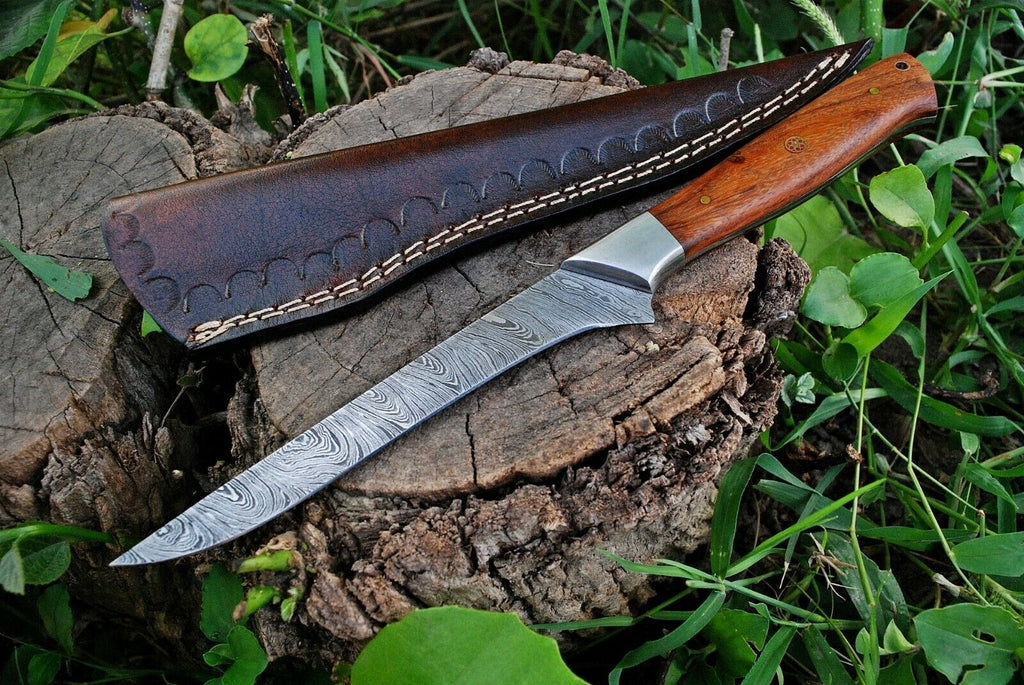 Custom Handmade Damascus Fillet Knife - 10.5" Blade with Rosewood Handle & Leather Sheath | Premium Fishing Fillet Knives