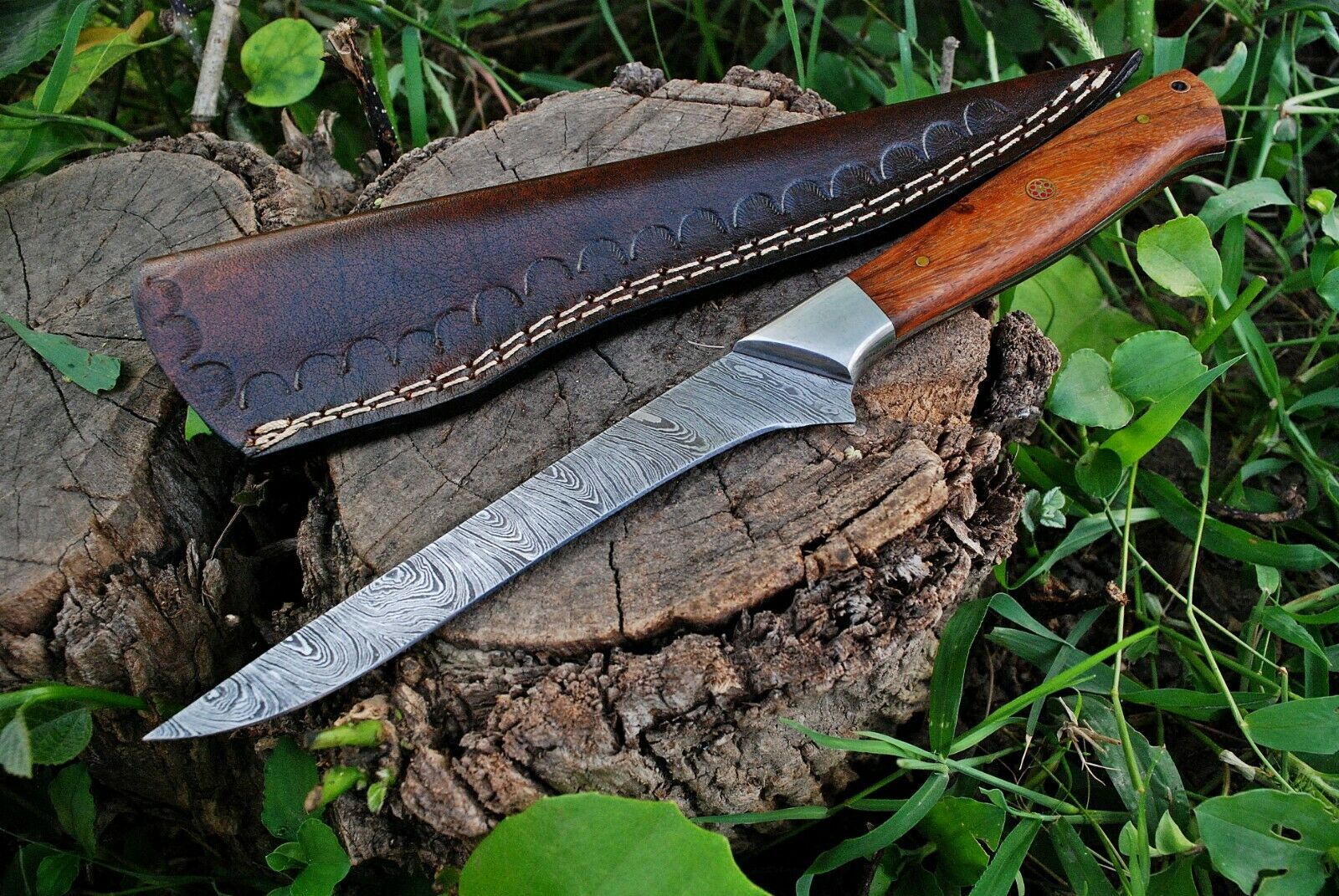 Custom Handmade Damascus Fillet Knife - 10.5" Blade with Rosewood Handle & Leather Sheath | Premium Fishing Fillet Knives