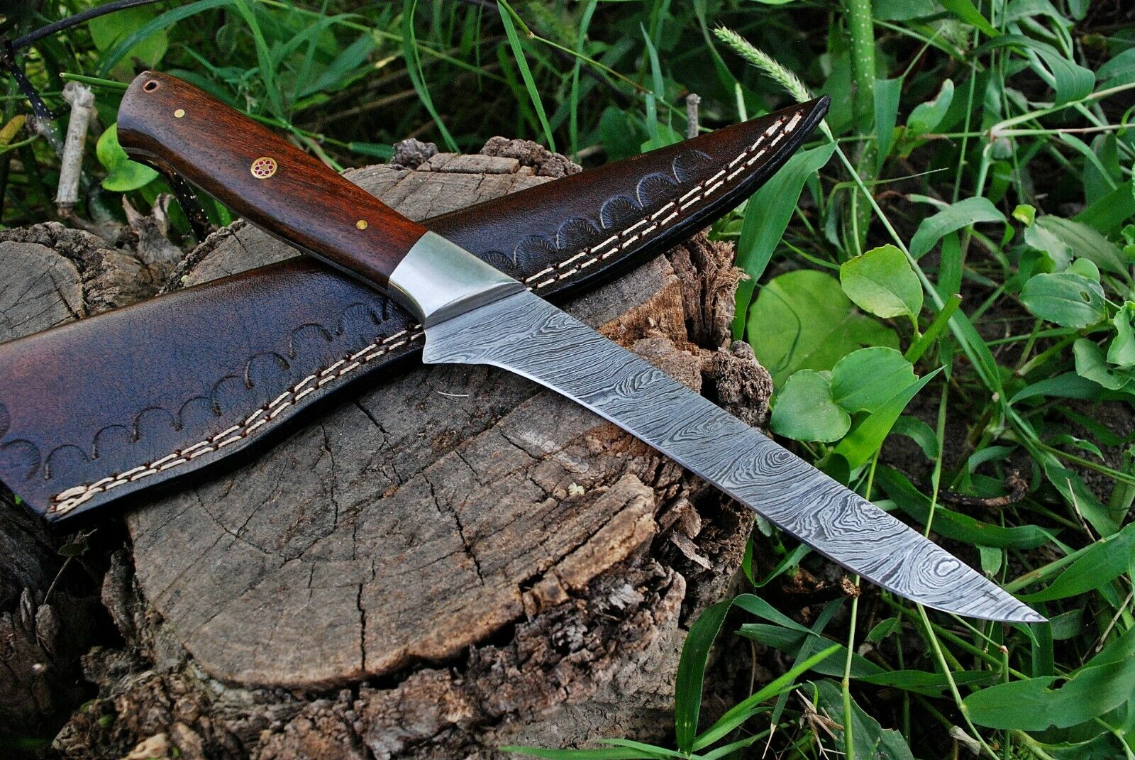 Custom Handmade Damascus Fillet Knife - 10.5" Blade with Rosewood Handle & Leather Sheath | Premium Fishing Fillet Knives
