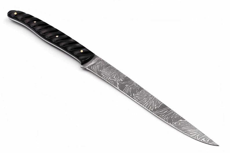 Custom Handmade Damascus Fillet Knife with Micarta Handle - 10.5" Overall Length, Leather Sheath Included