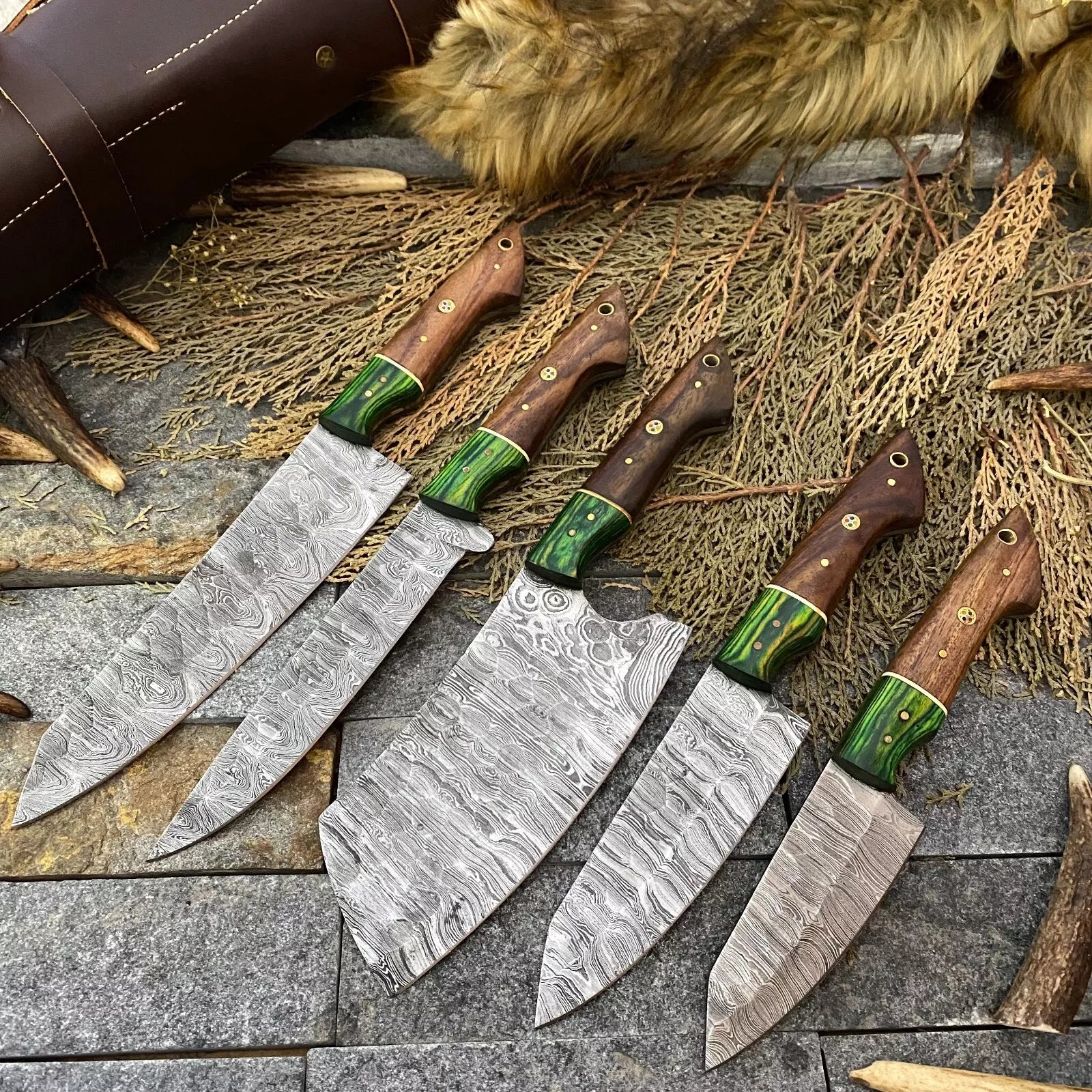 Premium Custom Handmade Damascus Knife Set with Pakkawood Handles