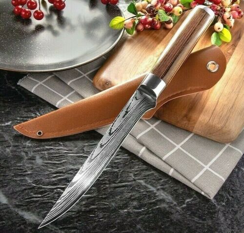 Best Custom Handmade Damascus Steel Fillet Knife - 10.5" Flexible Blade with Exotic Wood Handle & Leather Sheath