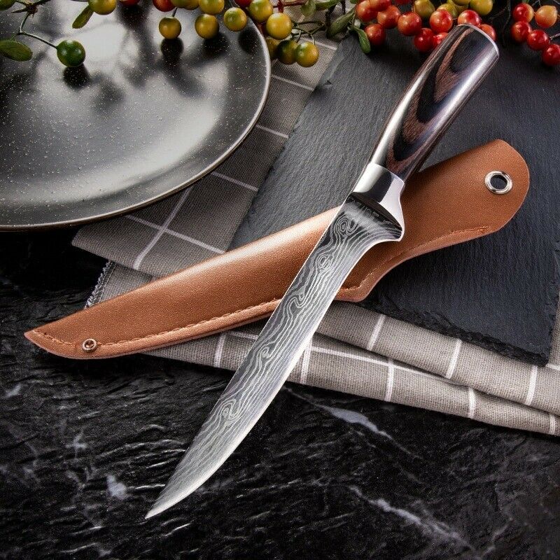 Custom Handmade Damascus Steel Fillet Knife - 10.5" Exotic Wood Handle with Steel Bolster & Leather Sheath | Best Flexible Fishing Fillet Knives