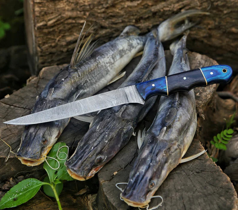 Custom Handmade Damascus Steel Fillet Knife with Pakka Wood Handle - 13" Overall Length