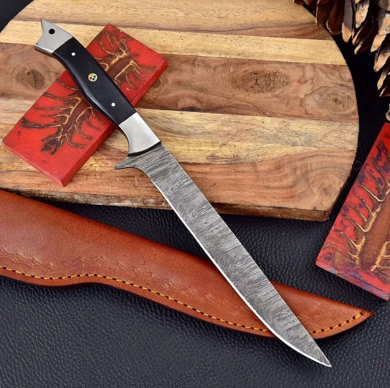 Custom Handmade Damascus Steel Fishing Fillet Knife - 13" Blade with Buffalo Horn Handle and Steel Bolster & Leather Sheath | Top Flexible Fillet Knife