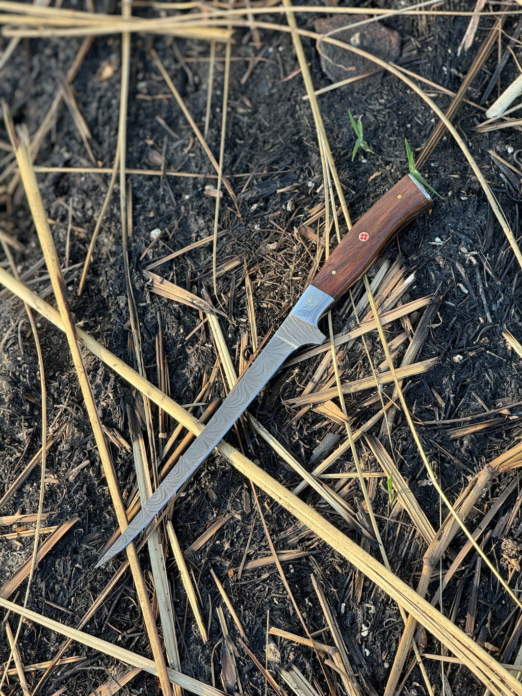 Custom Handmade Damascus Steel Fishing Fillet Knife - 13" Blade with Rosewood Handle and Steel Bolster & Leather Sheath | Premium Flexible Fillet Knife