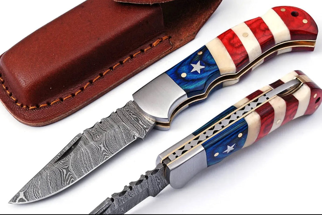 Custom Handmade Damascus Folding Knife - 3" Blade with American Flag Handle and Steel Bolster, Leather Sheath Included