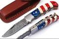 Custom Handmade Damascus Folding Knife - 3" Blade with American Flag Handle and Steel Bolster, Leather Sheath Included