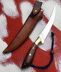 Custom Handmade Stainless Steel Fillet Knife with Rosewood Handle & Brass Bolster - 11.5” Sharp Edge Blade, Leather Sheath Included