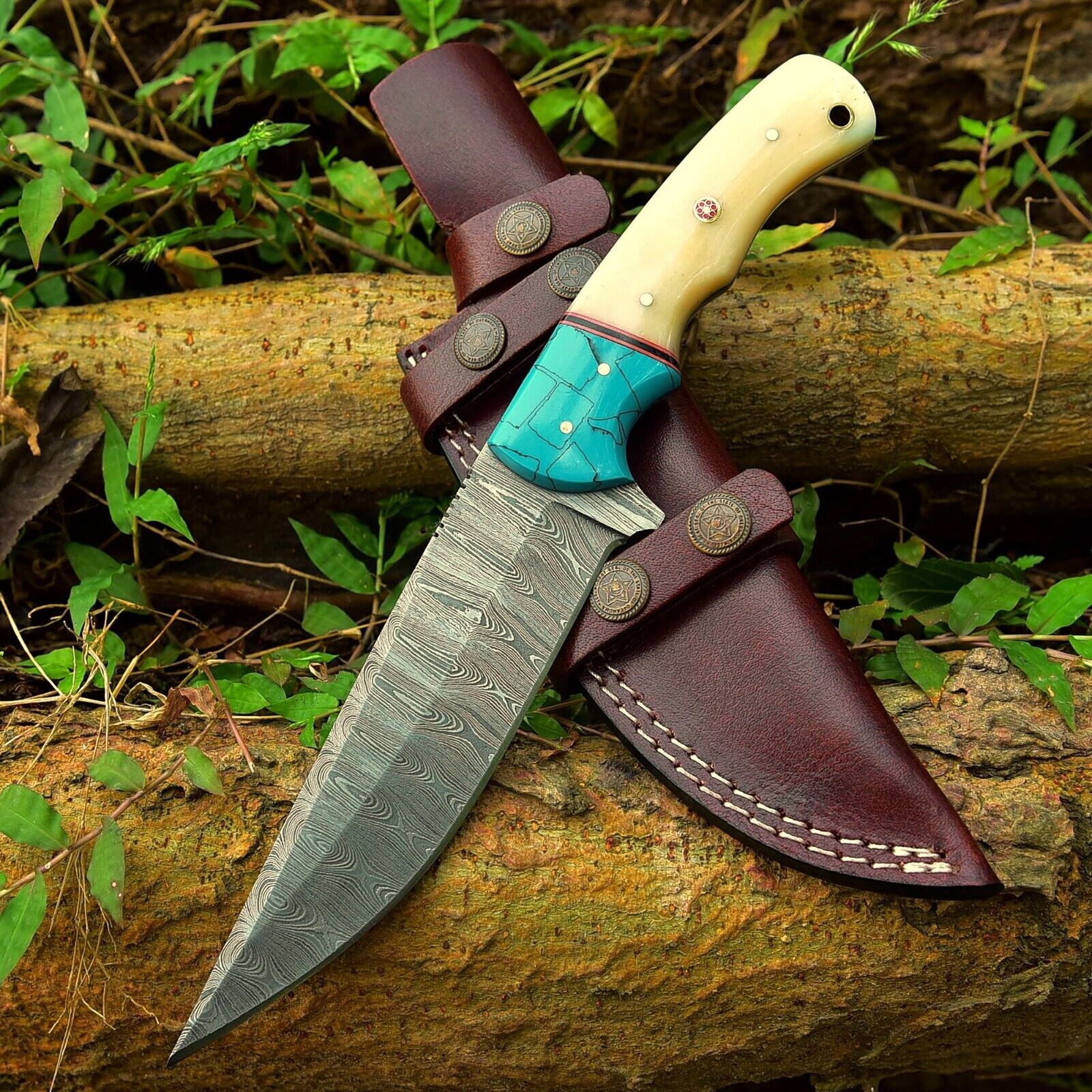 Custom Handmade 10" Damascus Steel Hunting Knife with Camel Bone and Resin Handle | Includes Leather Sheath