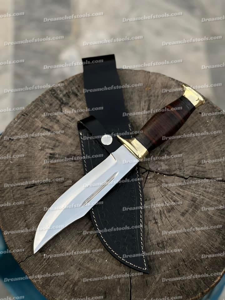 Custom Handmade 13" D2 Steel Hunting Bowie Knife with Leather Handle, Brass Guard, and Leather Sheath