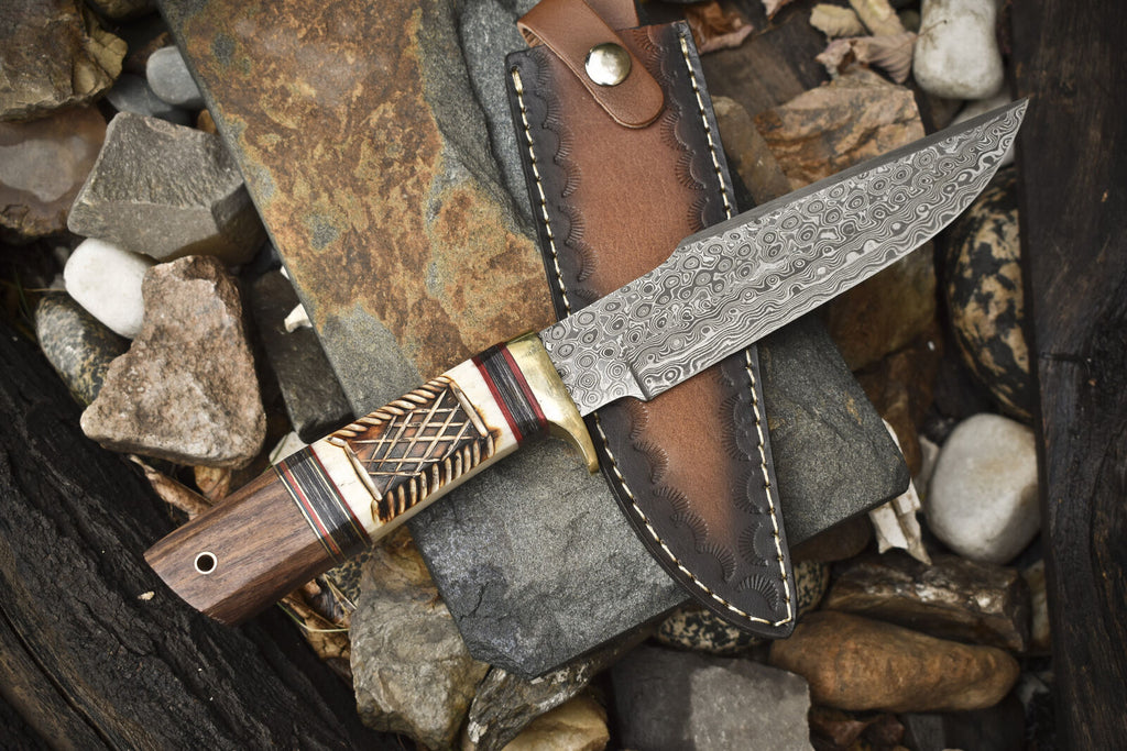 Premium Handmade 13" Damascus Steel Bowie Knife – Brass Guard, Camel Bone & Rosewood Handle + Leather Sheath