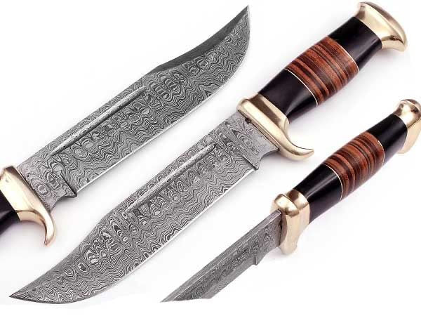 Custom Handmade 16" Damascus Steel Crocodile Dundee Bowie Knife with Leather and Buffalo Horn Handle, Brass Guard, and Leather Sheath