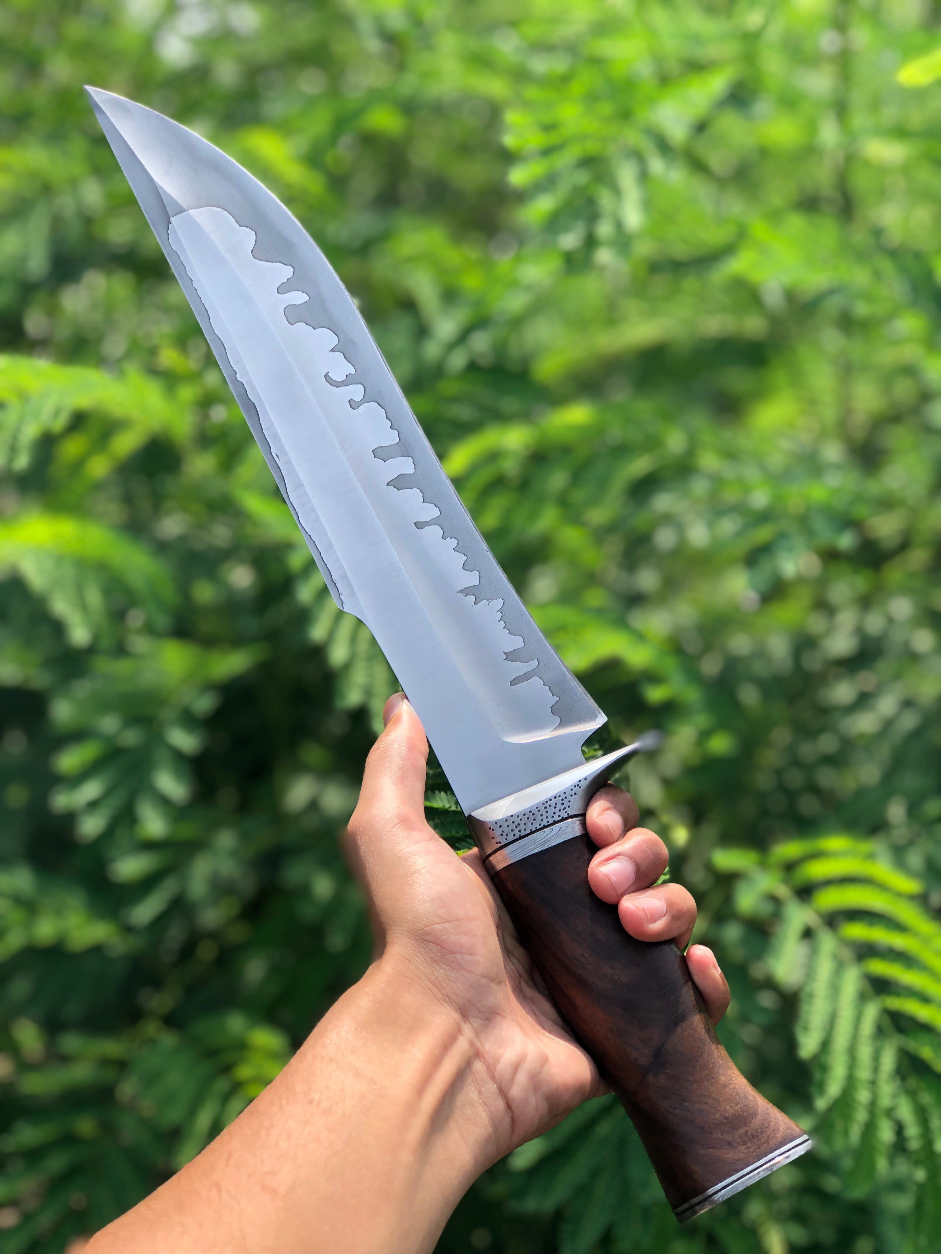 Custom Handmade D2 Steel Bowie Knife with Rosewood Handle and Steel Guard, Complete with Leather Sheath