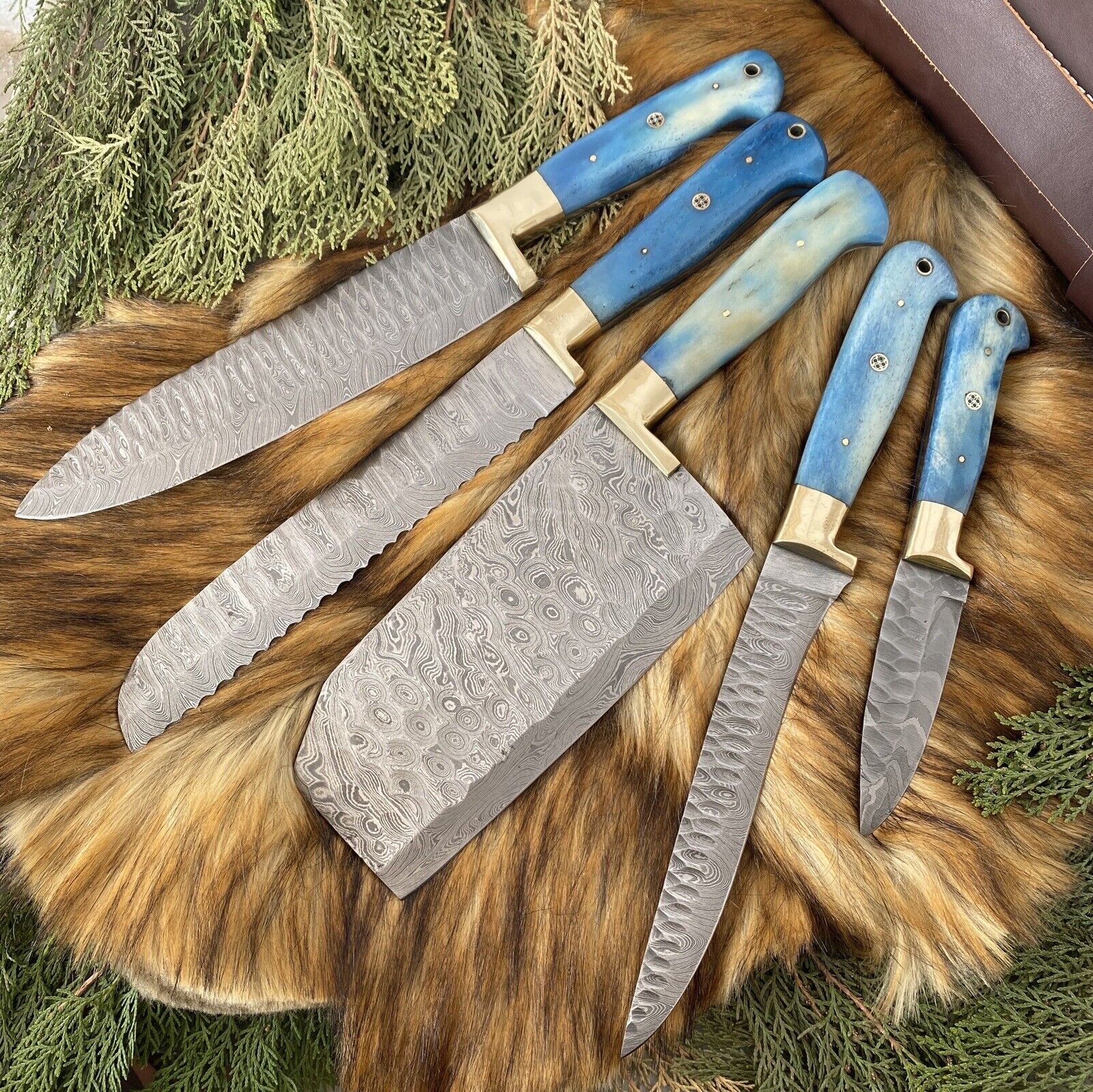 Custom Handmade Damascus Steel Kitchen Knives Set – Camel Bone & Brass Handle, 9-13" Blades