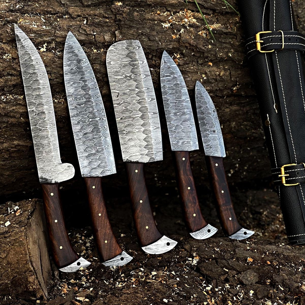 Premium Custom Handmade Damascus Knife Set with Rosewood Handles - Blade Length 4 to 8 Inches