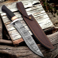 Custom Handmade Damascus Steel Hunting Bowie Knife – Wenge Wood Handle – 15" Overall Length with Leather Sheath