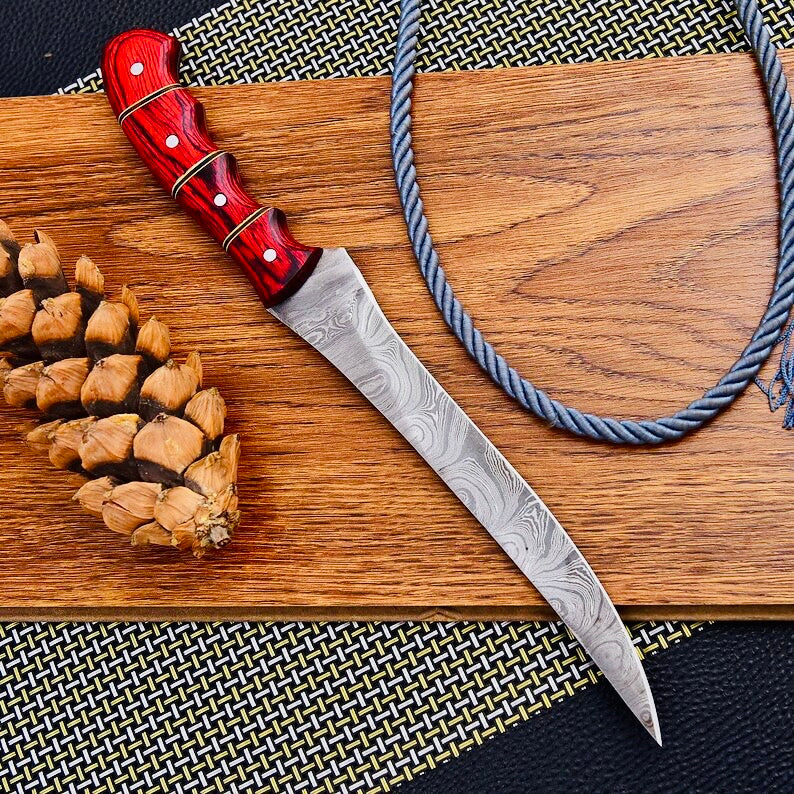 Custom Handmade Damascus Steel Fishing Fillet Knife - 13" with Pakka Wood Handle & Leather Sheath