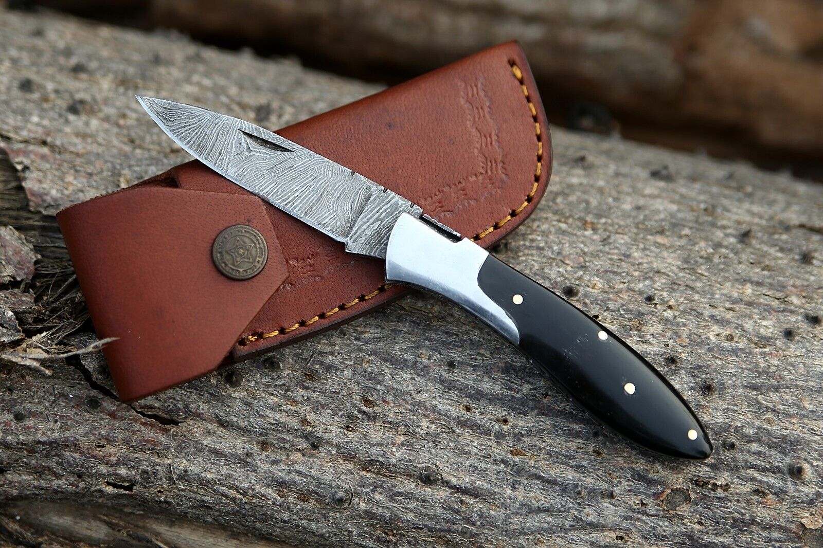 Custom Handmade Damascus Steel Pocket Knife with Buffalo Horn Handle & Steel Bolster | Includes Leather Sheath