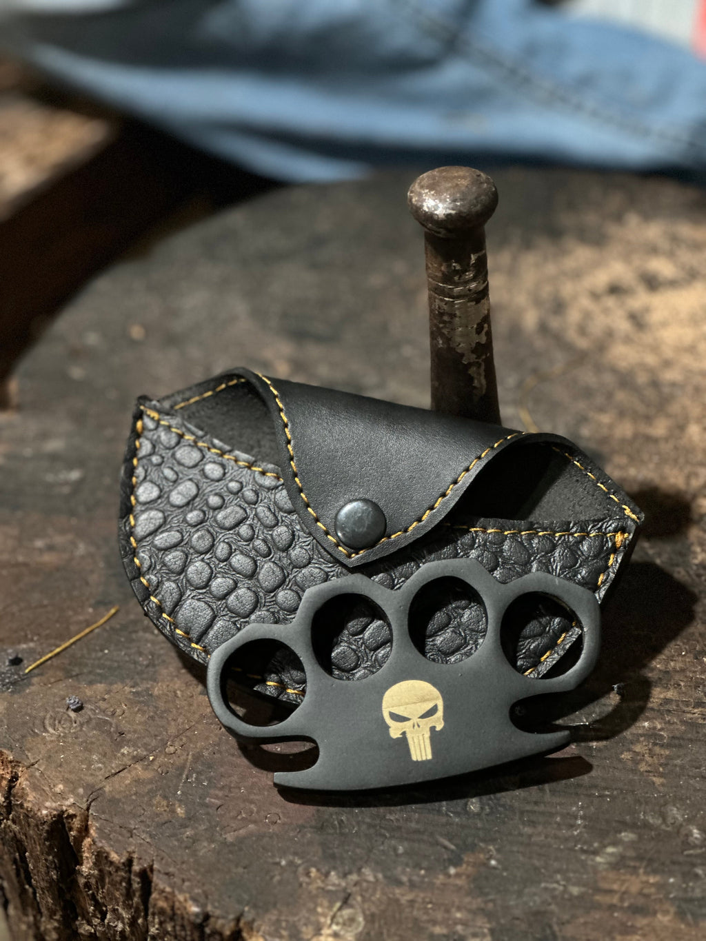 Tactical Black Steel Knuckle Duster with Brass Core & Leather Belt Case – Custom EDC Self-Defense Tool