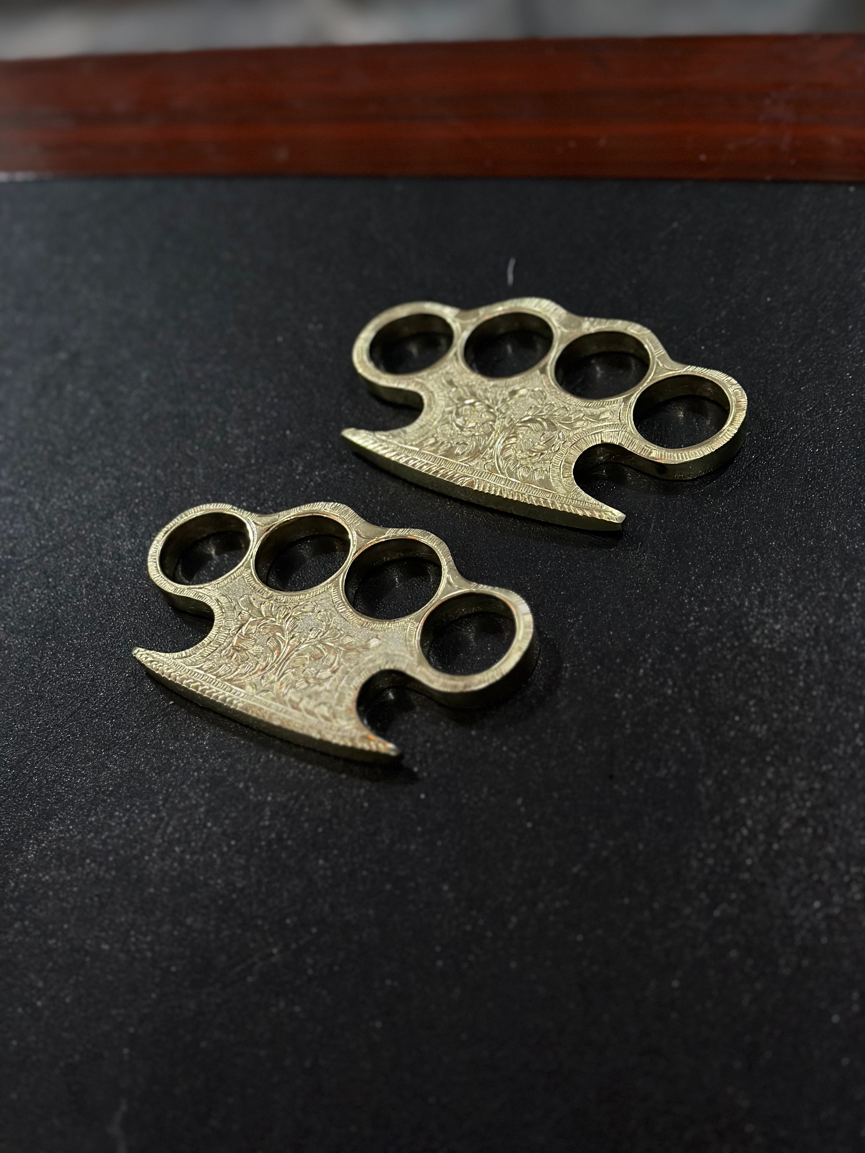 Custom Handmade Brass Engraved Knuckle with Belt Loop Leather Case - Solid Brass Self-Defense Duster