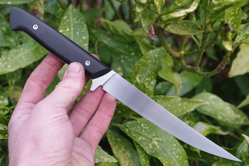 : Custom Handmade Stainless Steel Fishing Fillet Knife - 11” Black G10 Handle with Leather Sheath
