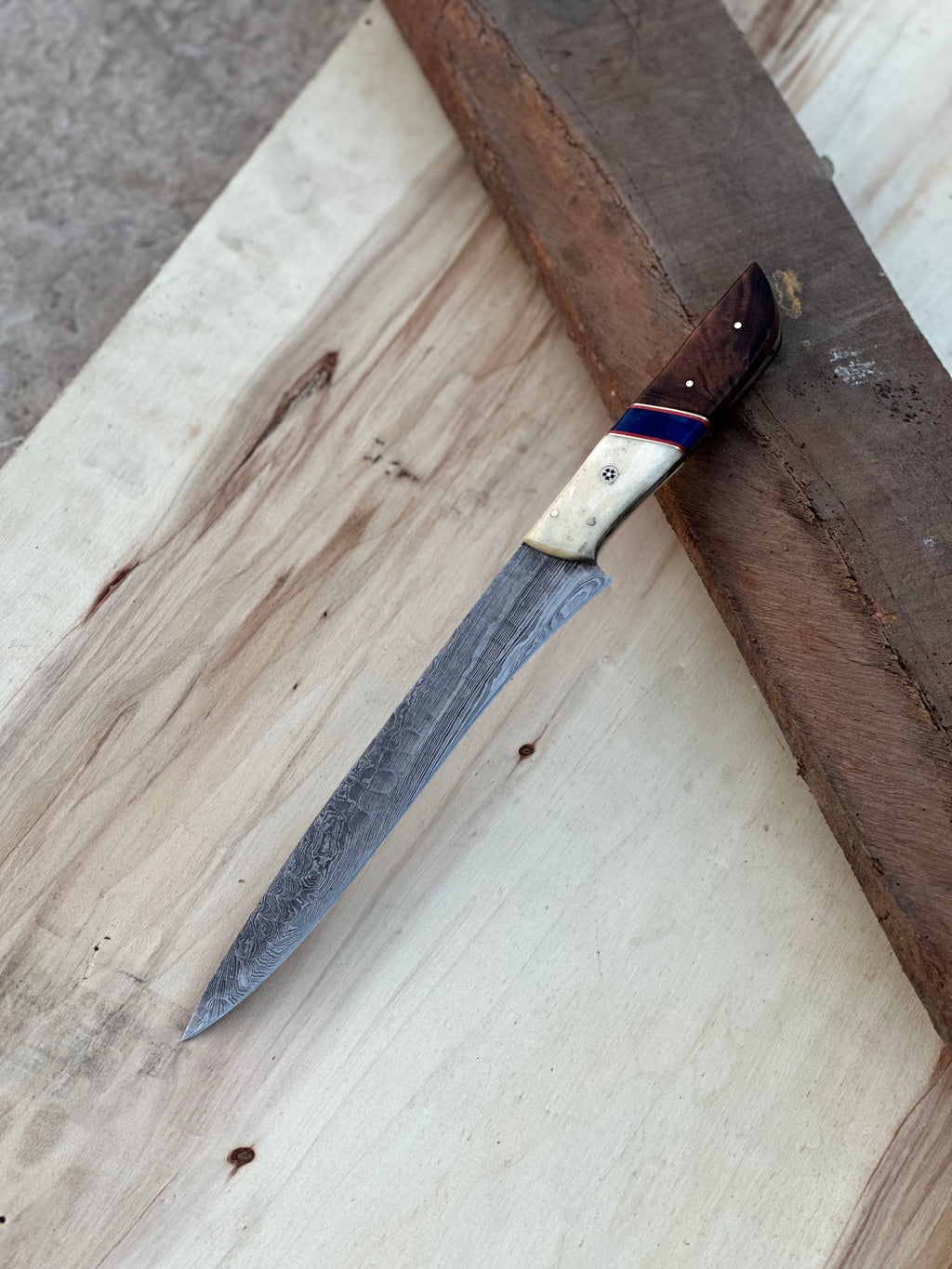 Handmade Damascus Steel Large Fillet Knife Hunting Fishing, Full Tang 13.5 inch