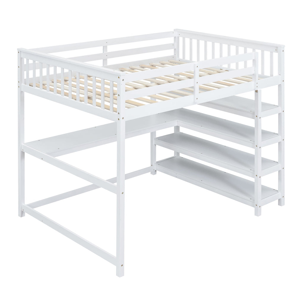 Full Size Loft Bed with Storage Shelves and Under-bed Desk  White