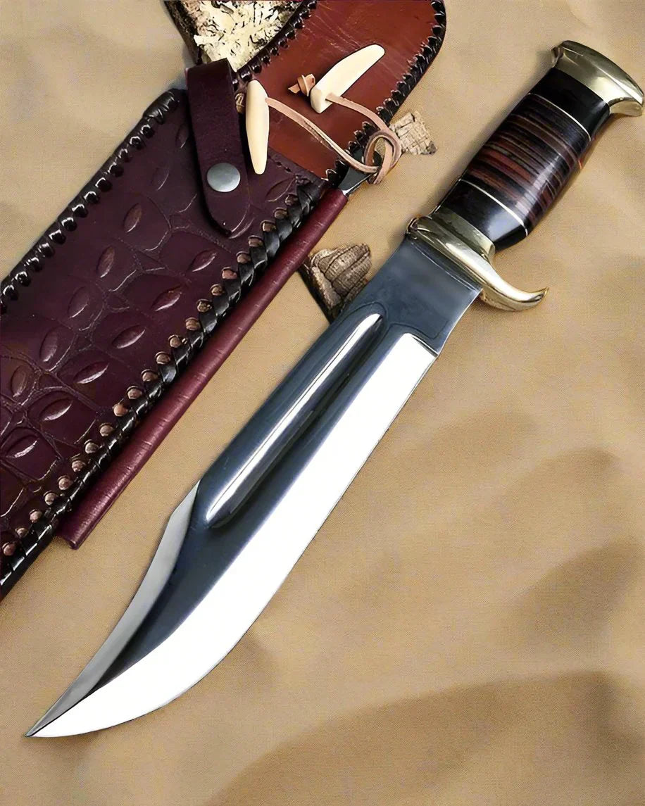 Custom Handmade D2 Steel Dundee Bowie Knife – 15” Buffalo Horn & Leather Grip with Sheath