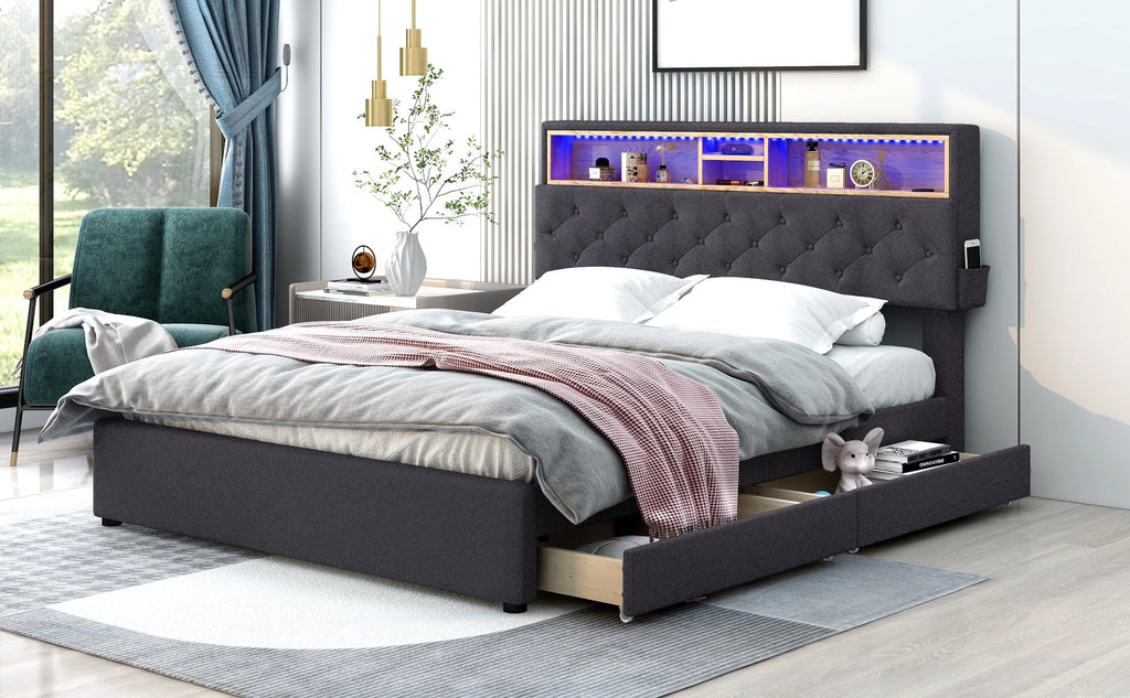 Queen Size Upholstered Platform Bed with Storage Headboard, LED, USB Charging and 2 Drawers Dark Gray