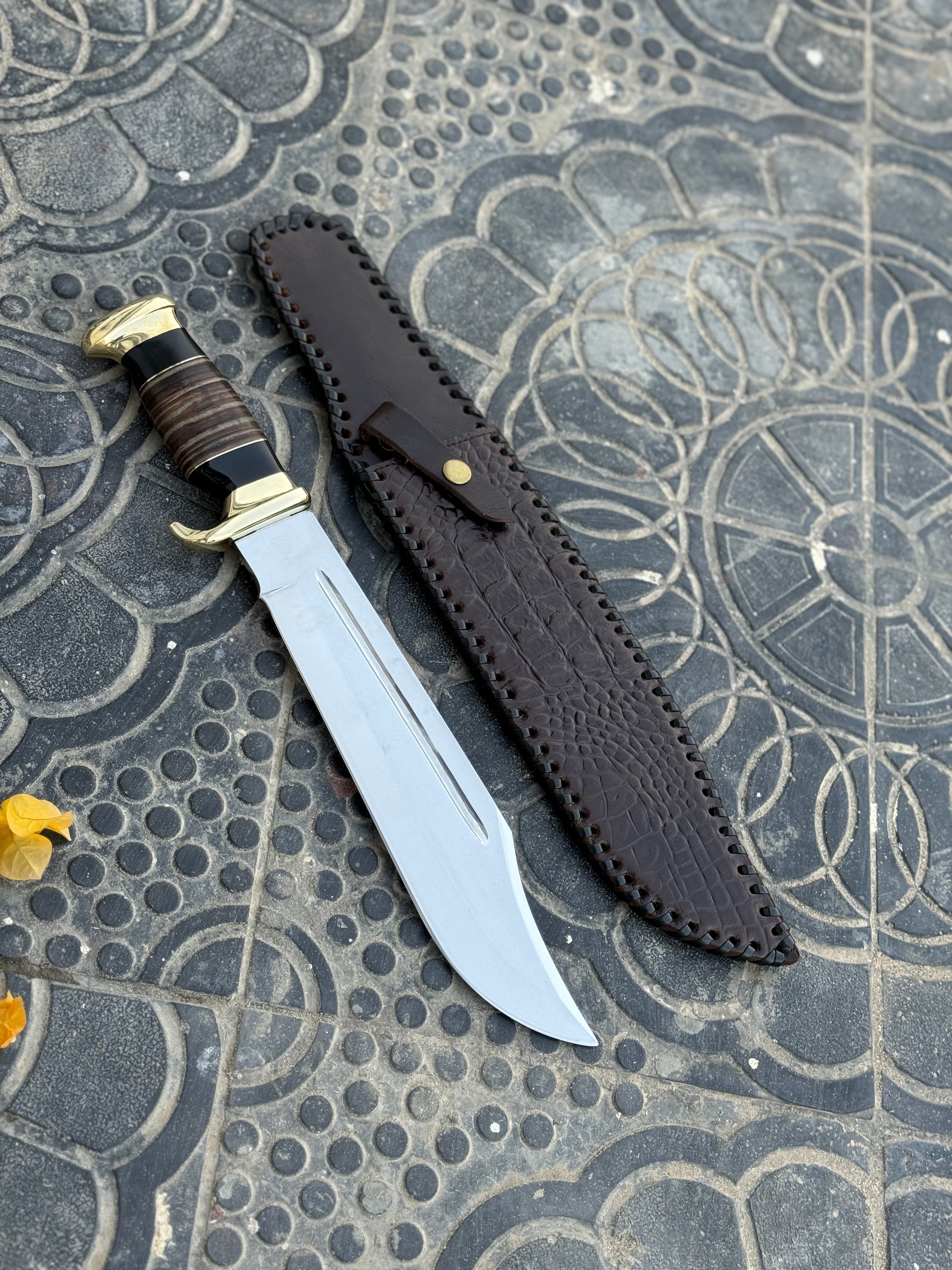 Custom Handmade J2 Steel Crocodile Dundee Bowie Knife with Brass Guard and Leather Handle - 16”
