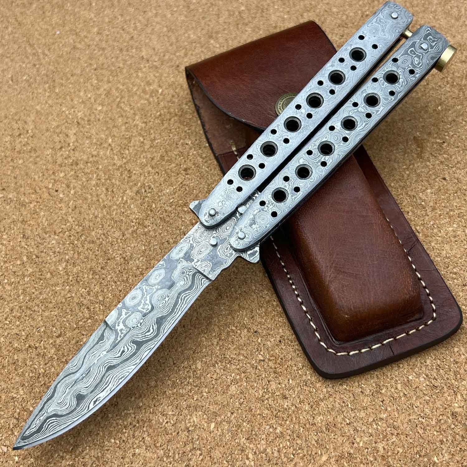 Damascus Balisong Butterfly Knife with Damascus Steel Handle | Includes Leather Sheath