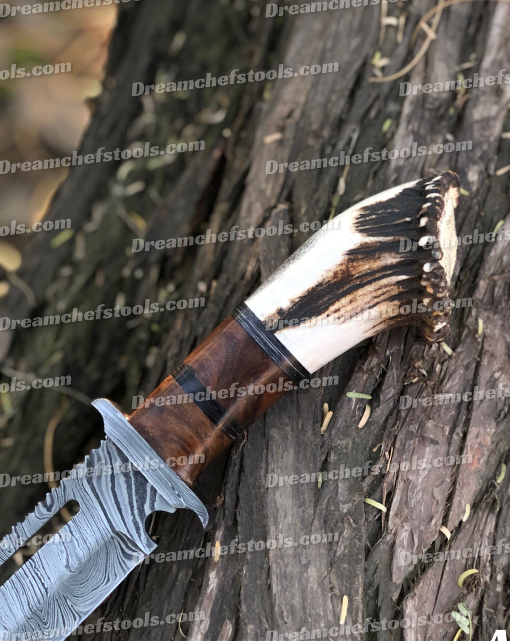 15" Handmade Damascus Steel Bowie Knife – Full Tang with Stag Crown Antler & Rosewood Handle, Damascus Steel Guard, Includes Leather Sheath
