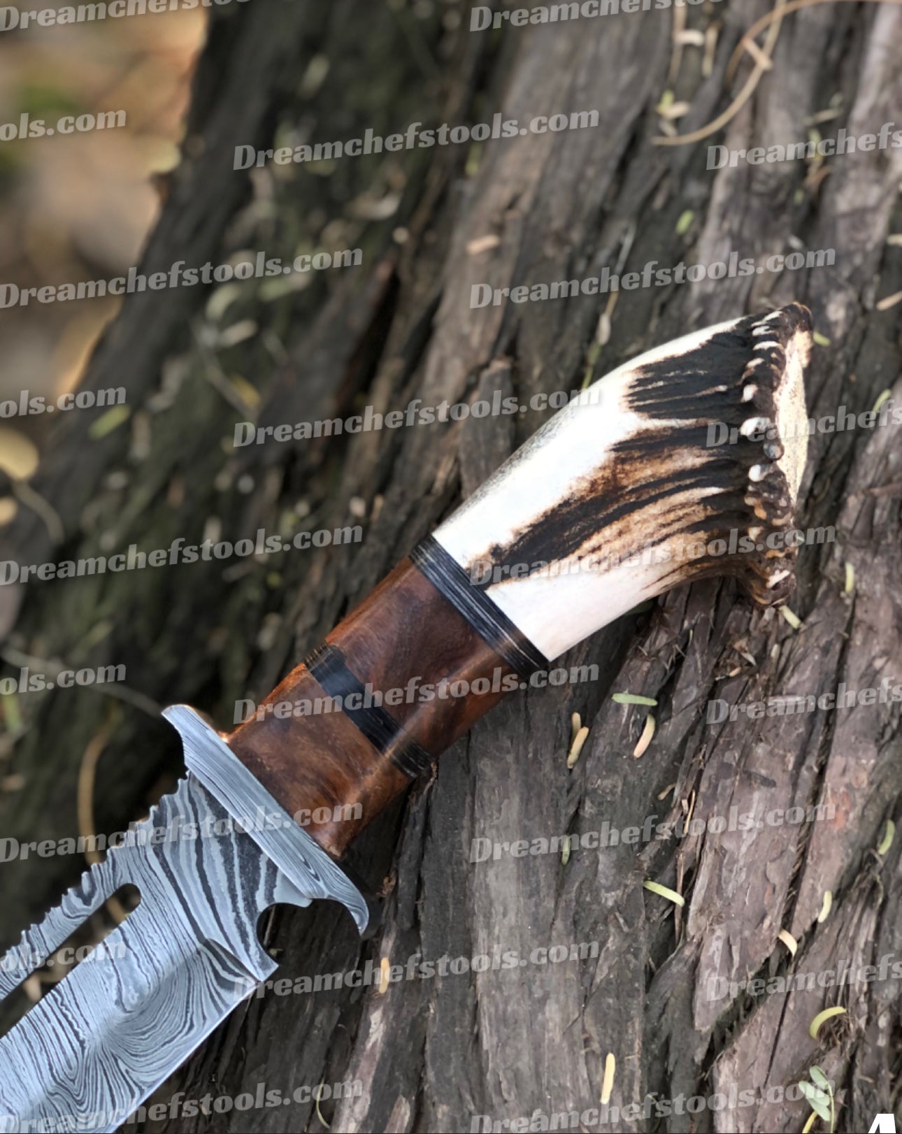 15" Handmade Damascus Steel Bowie Knife – Full Tang with Stag Crown Antler & Rosewood Handle, Damascus Steel Guard, Includes Leather Sheath