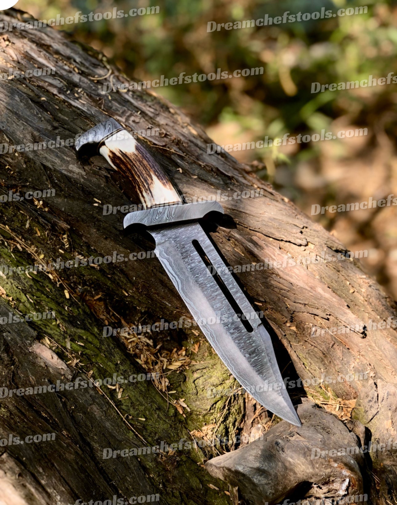 15" Handmade Damascus Steel Bowie Knife – Full Tang with Stag Antler Handle & Damascus Steel Guard, Includes Leather Sheath