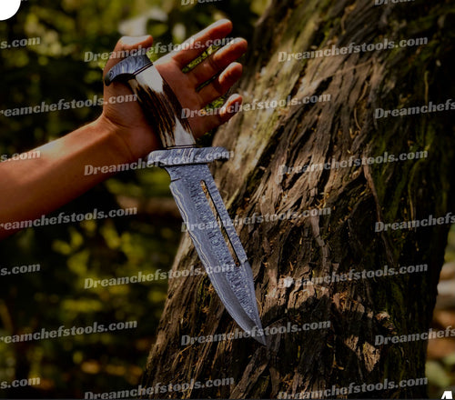 15" Handmade Damascus Steel Bowie Knife – Full Tang with Stag Antler Handle & Damascus Steel Guard, Includes Leather Sheath