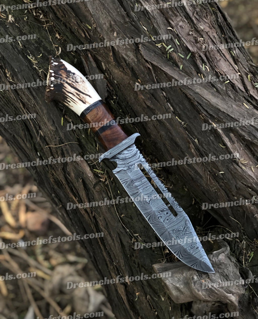 15" Handmade Damascus Steel Bowie Knife – Full Tang with Stag Crown Antler & Rosewood Handle, Damascus Steel Guard, Includes Leather Sheath