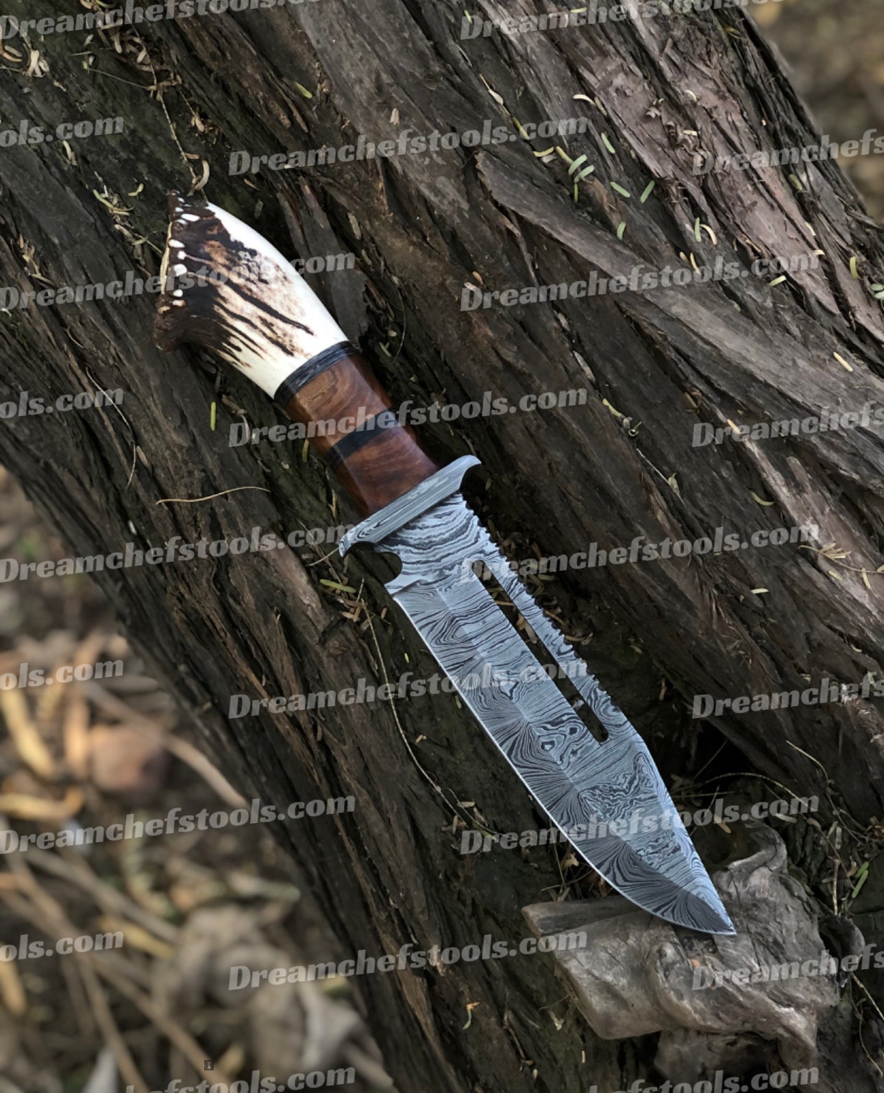 15" Handmade Damascus Steel Bowie Knife – Full Tang with Stag Crown Antler & Rosewood Handle, Damascus Steel Guard, Includes Leather Sheath