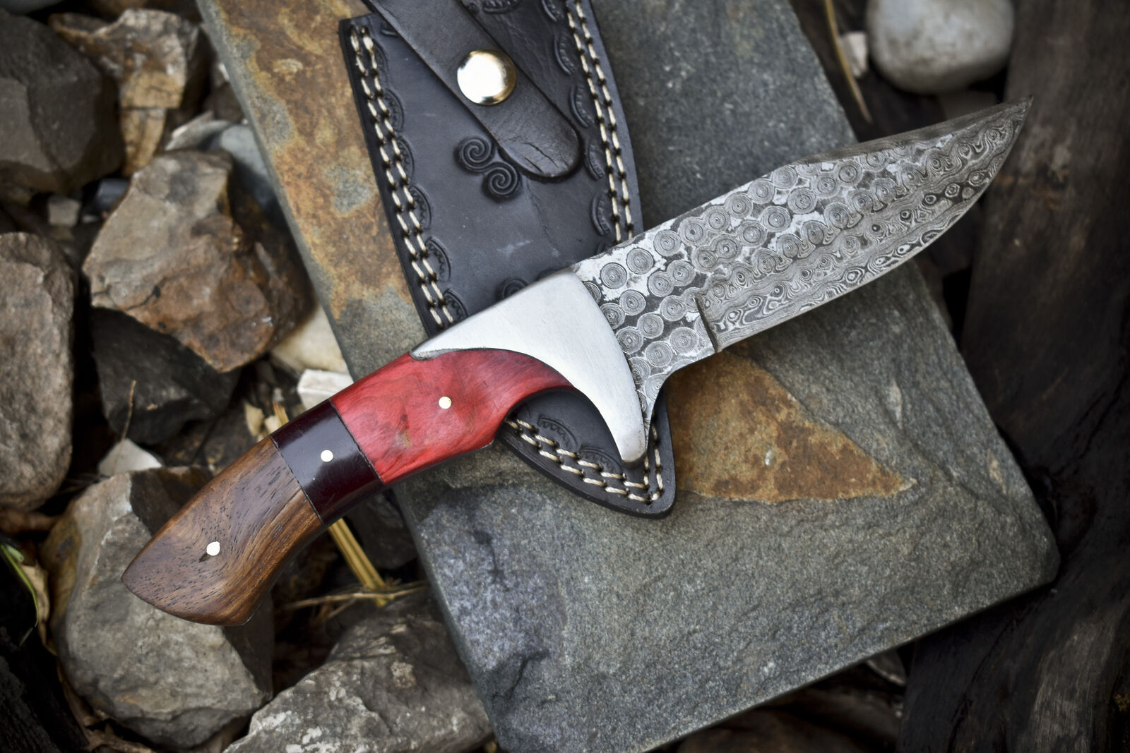 Custom Handmade Damascus Steel Hunting Knife with Pakkawood & Rosewood Handle | Steel Bolster | Includes Leather Sheath  Product Description: