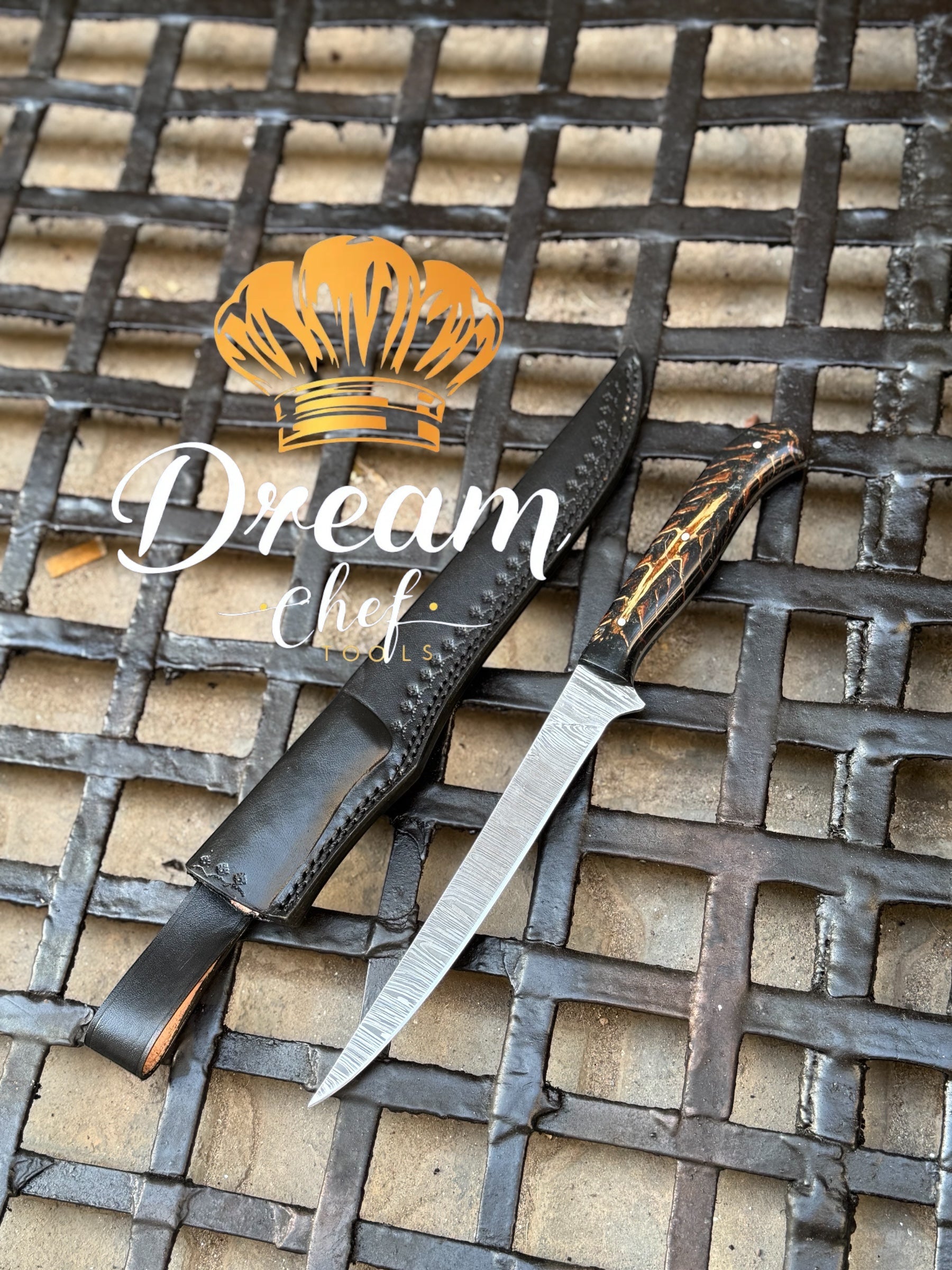 Best Fillet Knives – 13" Damascus Steel Blade with Black Pine Cone Resin Handle & Leather Sheath