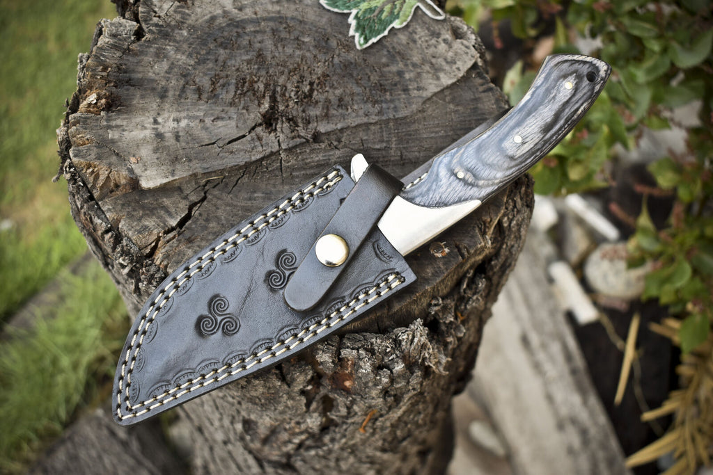 Custom Handmade Damascus Steel Hunting Knife with Pakkawood Handle & Steel Bolster | Includes Leather Sheath