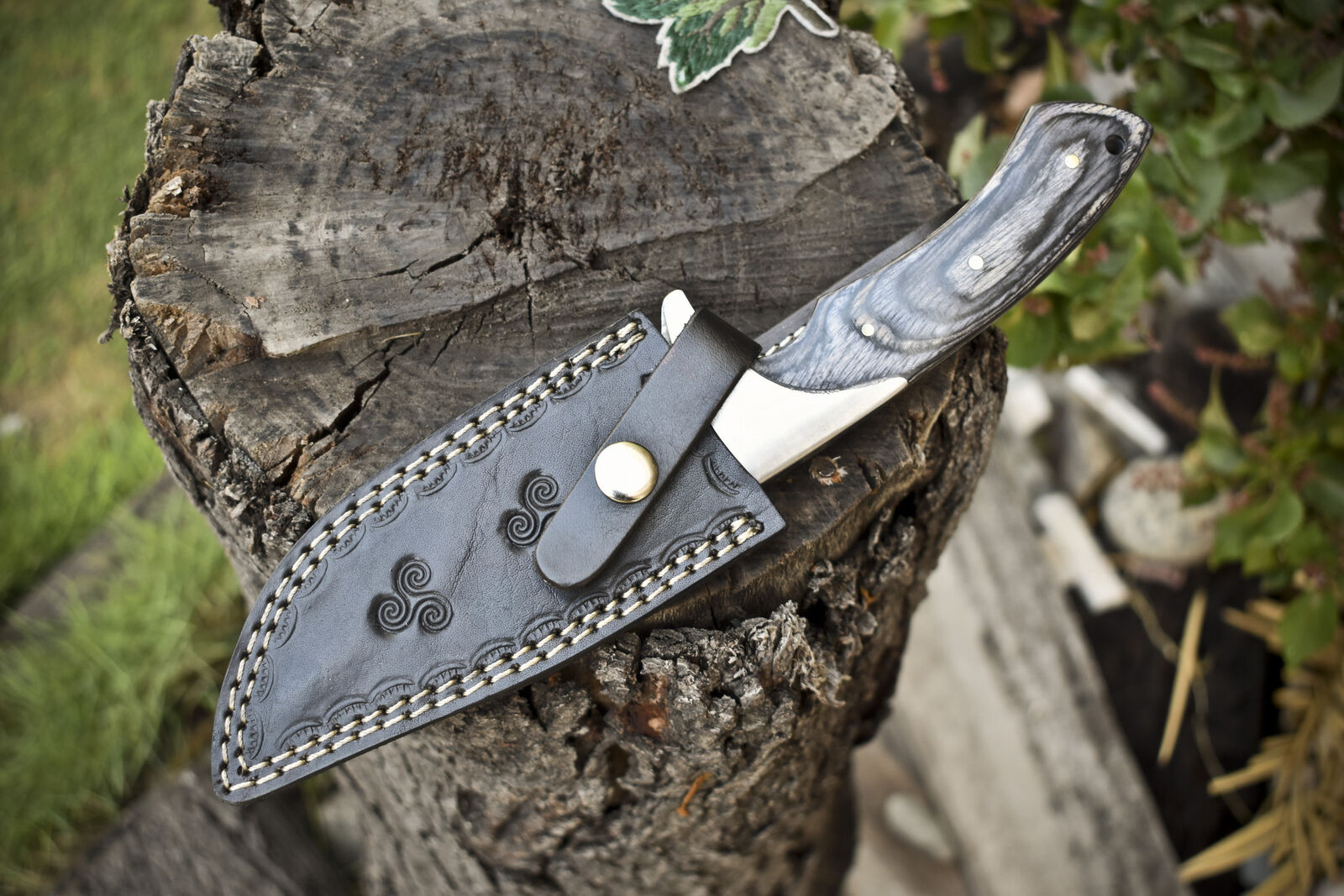 Custom Handmade Damascus Steel Hunting Knife with Pakkawood Handle & Steel Bolster | Includes Leather Sheath