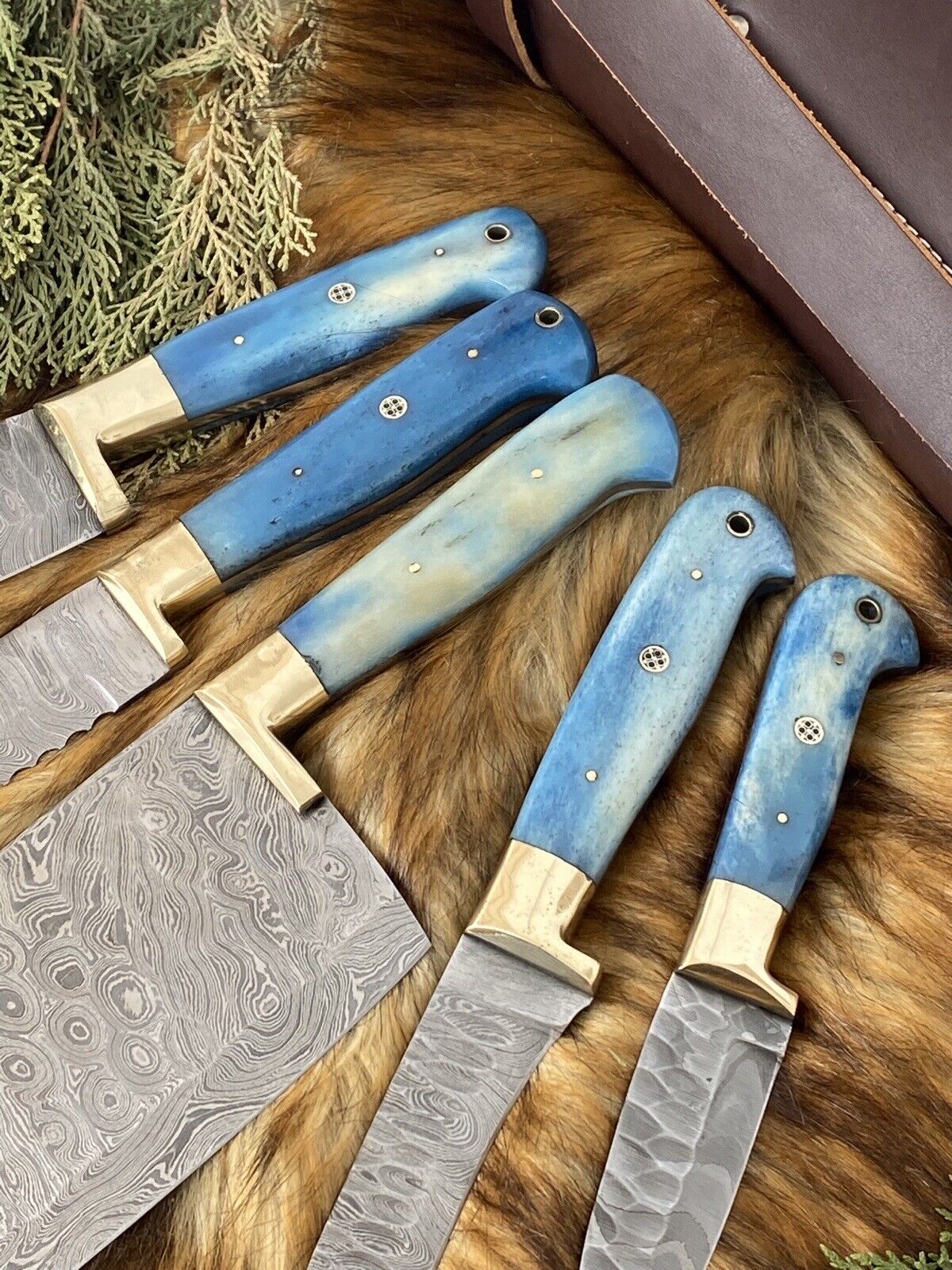 Custom Handmade Damascus Steel Kitchen Knives Set – Camel Bone & Brass Handle, 9-13" Blades