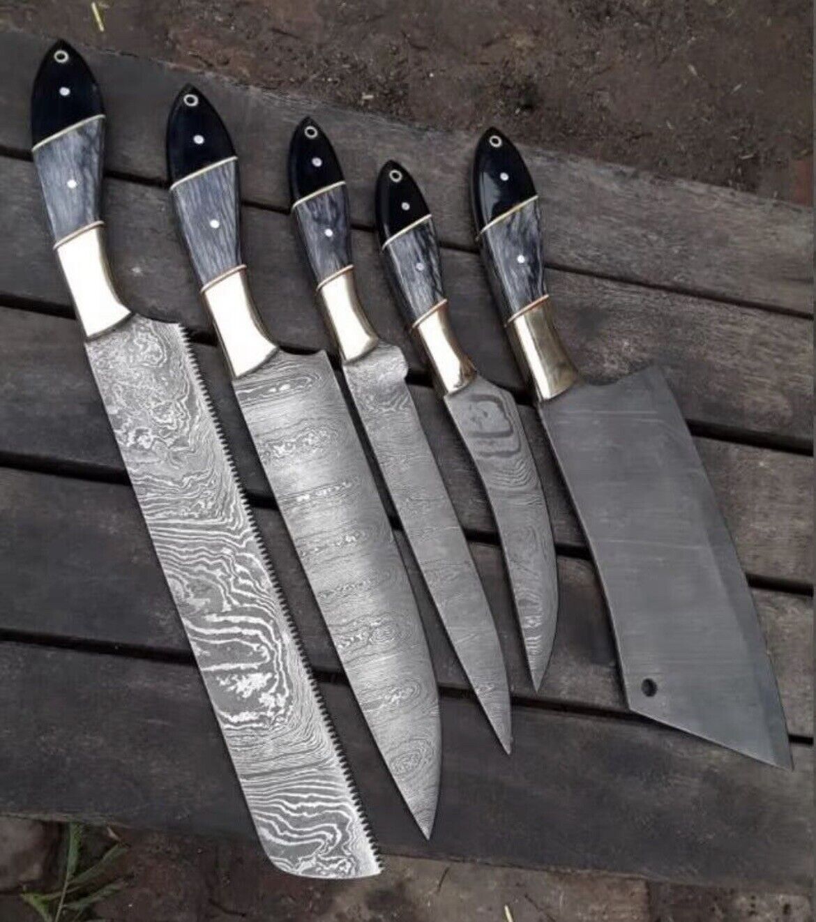 Custom Handmade Damascus Steel Kitchen Knives Set with Pakkawood & Buffalo Horn Handles | Steel Bolster | Includes Leather Sheath