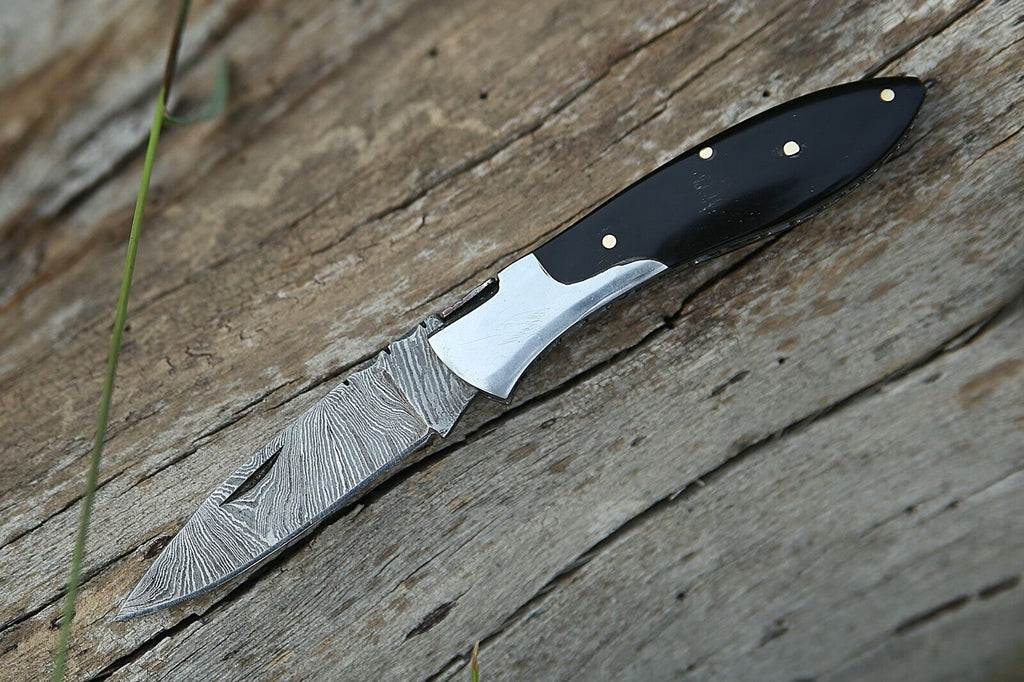 Custom Handmade Damascus Steel Pocket Knife with Buffalo Horn Handle & Steel Bolster | Includes Leather Sheath