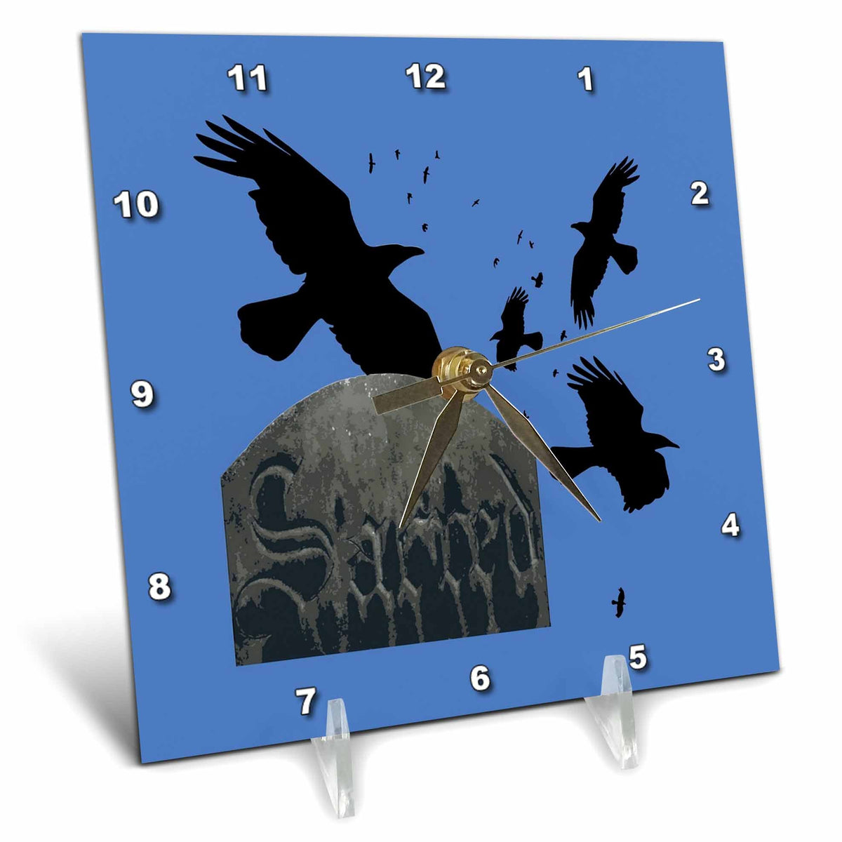 Desk Clock - Sacred Gothic Text Gravestone With Crows and Ravens Vector Art - Crows