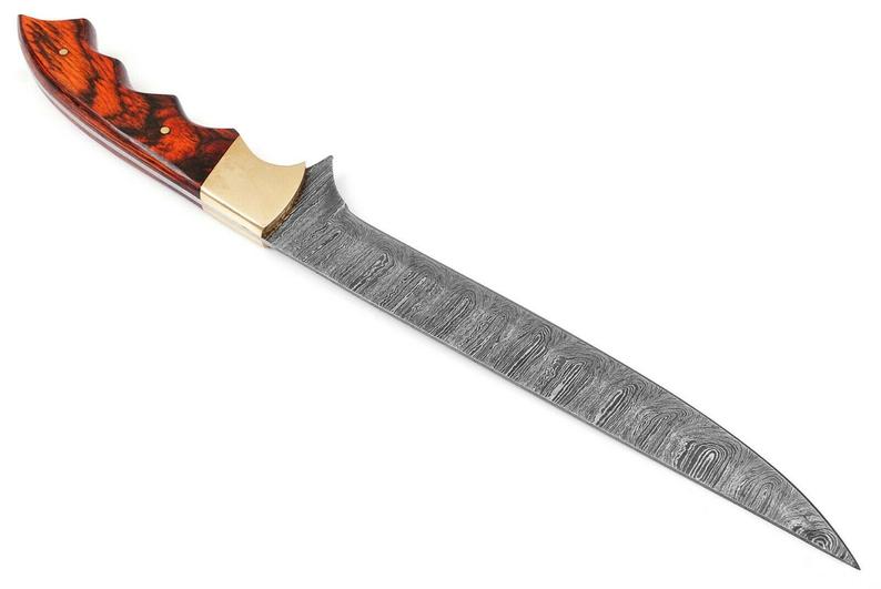 Custom Handmade Damascus Fillet Knife - 12" with Exotic Wood Handle and Brass Bolster