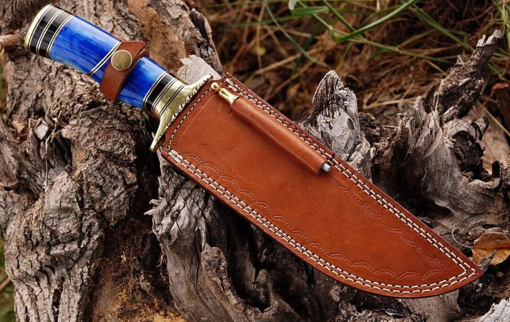 Premium Custom Handmade Damascus Steel Bowie Knife | Brass Guard & Color Bone Handle with Leather Sheath