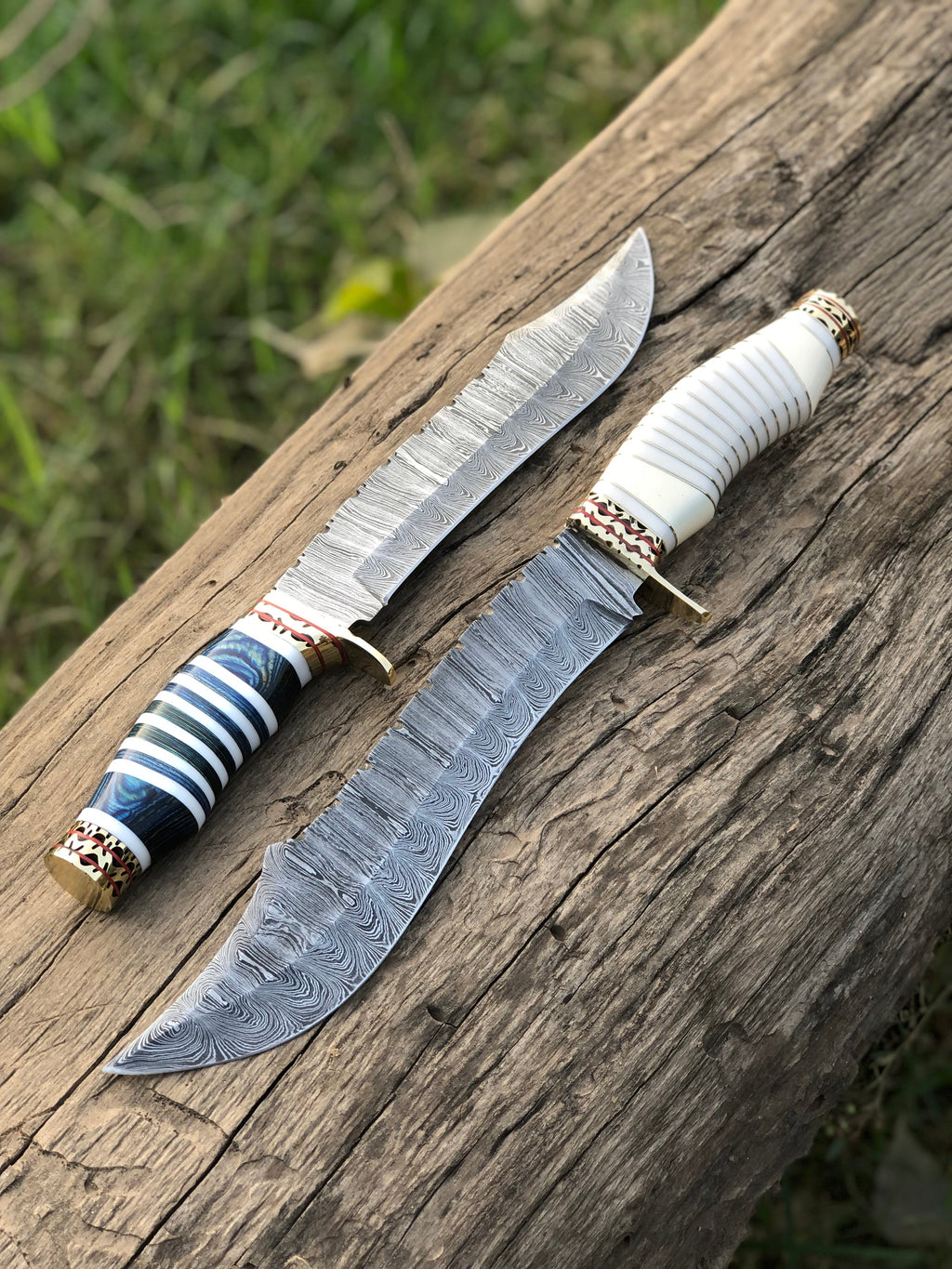 Custom Handmade Damascus Steel Bowie Knife with Brass Guard, Camel Bone and Brass Wood Handle - 13”